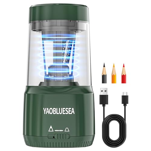 YAOBLUESEA Sacapuntas Eléctrico USB Recargable Profesional Con Depósito Grande, Automático Manos Libres Para Lápices Ajustables de 6 a 8 mm (Verde)