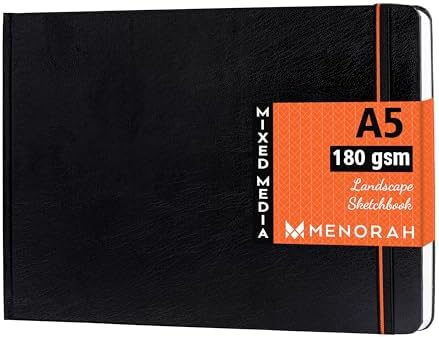 MENORAH Paper - A5 - Artist Sketchbook - 180 GSM- Hard Bound, Sketch Book, Watercolor - 100 Pages/50 Sheets (Size 14.8 cm x 21.0 cm) - Completely Handmade - Drawing Book - Landscape (Black)