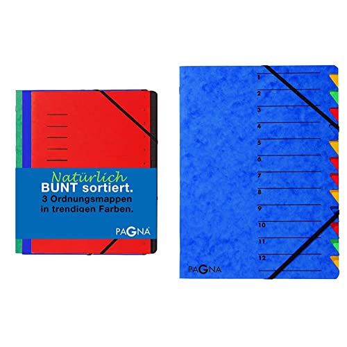 Pagna Ordnungsmappenset 12 Fächer Basic sortiert, Set mit 3 Stück, rot, blau, grün & Ordnungsmappe Easy (Sammelmappe, 12 Fächer, 1-12) blau, 1 Stück