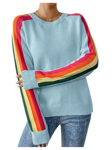 SweatyRocks Women's Casual Crewneck Lightweight Sweater Colorful Striped Crochet Knit Shirt Top...