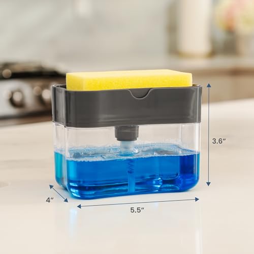 S&T INC. Dish Soap Dispenser and Sponge Holder for Kitchen Sink, Sponge Included, 13 Ounces, Grey