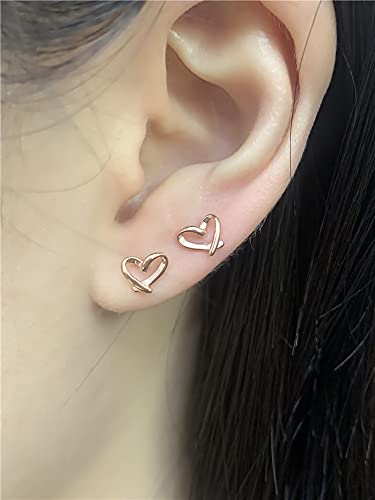 Minimalist Heart Sterling Silver Earrings for Women Girls Teens Charm Hollow Love Hearted Stud Tiny Small Cartilage Tragus Post Pin Hypoallergenic Pierced Ear Jewelry Birthday Mother's Gifts Rose-Gold Tone3