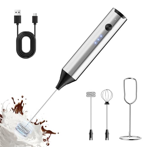 Rechargeable Milk Frother with Stand,3-Speed Handheld Coffee Electric Whisk, Detachable Stainless Steel Frother Wand, Coffee Frother & Drink Mixer for Latte, Cappuccino, Hot Chocolate, Egg (Silver)