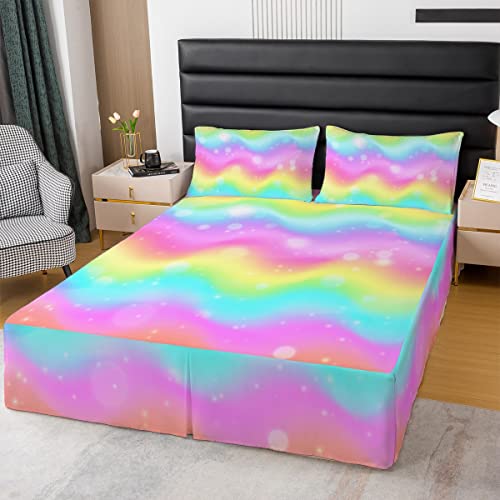 Rainbow Bed Skirt King Size For Kids Adult,Abstract Artsy Colorful Glitter Trippy Bed Skirts Exotic Gradient Tie Dye Bedskirt Iridescent Watercolor Bedding Decor Ombre Fluid Art Cute Room Decor #TOP29