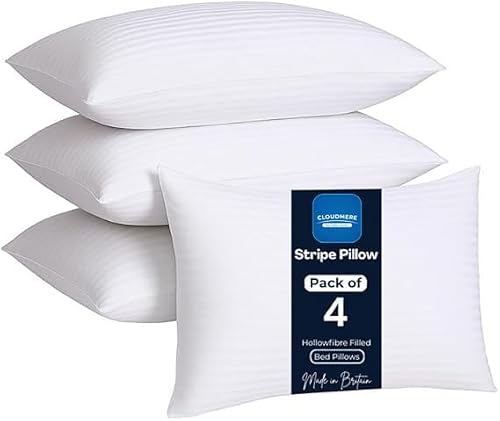 Cloudmere Pack of 4 Stripe Pillows Hotel Quality – Original Down Alternative Pillows for Sleeping, Soft Support for Back, Stomach & Side Sleepers (74 cm x 48 cm)
