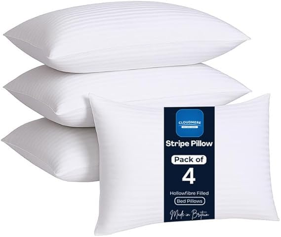 Cloudmere Pack of 4 Stripe Pillows Hotel Quality – Original Down Alternative Pillows for Sleeping, Soft Support for Back, Stomach & Side Sleepers (74 cm x 48 cm)