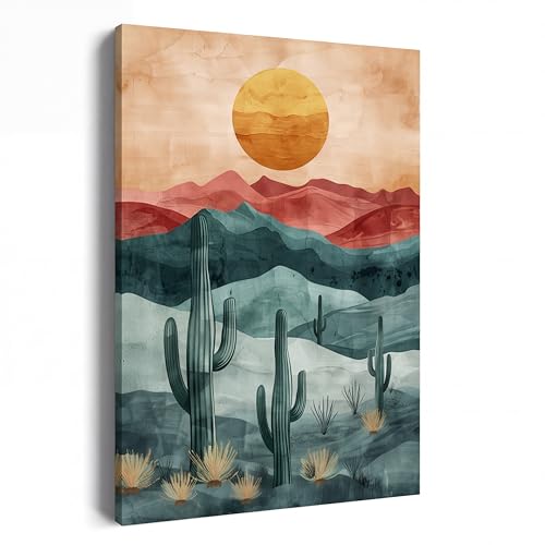 Abstract Landscape Wall Art - Boho Sun and Green Hills Watercolor Canvas Print - Mid Century Modern Terracotta Mountain Decor for Living Room Bedroom Office - Earthy Aesthetic Nature Artwork (Sunrise2, 12''L×0.8''W)