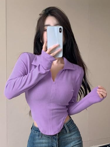 Image of Istyle Can Women's Top Solid Long Sleeve Ribbed Asymmetric Hem Casual T-Shirt with Zipper Collar. Full Sleeve, Rib Knit, Plain, Slim Fit