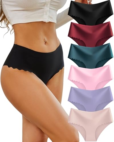Image of Sth Big High Waisted Seamless Underwear for Women No Show Panties Cheeky Scalloped Edge Bikini Breathable Briefs 6 Pack
