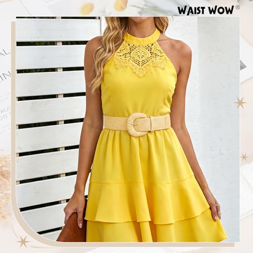 Image of Straw Woven Elastic Belt for Women Stretchy Belts for Dress Fashion Boho Waist Belt Rattan Raffia Ladies Belts