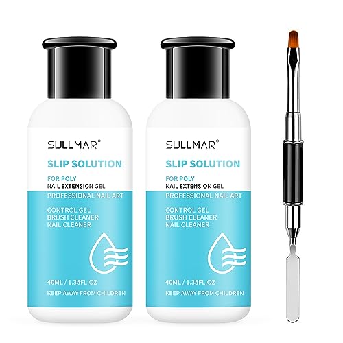 SULLMAR 2pcs Nail Slip Solution,40ml/1.35fl.oz Poly Nail Gel Slip Solution Kit Nail Builder Slip Solution for Poly Nail Extension Gel with Dual-Ended Brush for Beginner at Home