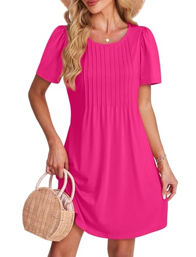 Image of Sampeel Womens Pleated Front Summer Dresses Casual Short Sleeve T Shirts Dress with Pockets Vacation Beach Cover UP