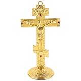 JEWEDECO Adorno Decorativo Cruz Adhesiva Dorada de Aleación para Escritorio, Estatua Católica Pequeña con Base Pegajosa, Decoración de Oficina y Hogar para Comunión y Bautizo