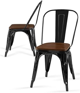 Iron Metal Dining Chair with Wood Top/Seat Set of 2 18 Inch Seat Height Stackable Restaurant Kitchen Bistro Cafe Obsidian Black Color