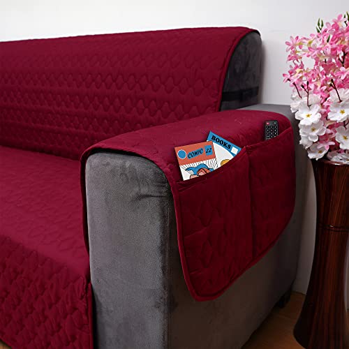 Image of DREAM KING 3 Layers Reversible Sofa Cover Polyester Single Seater Quilted Sofa Cover with Side Pockets Maroon & Coffee