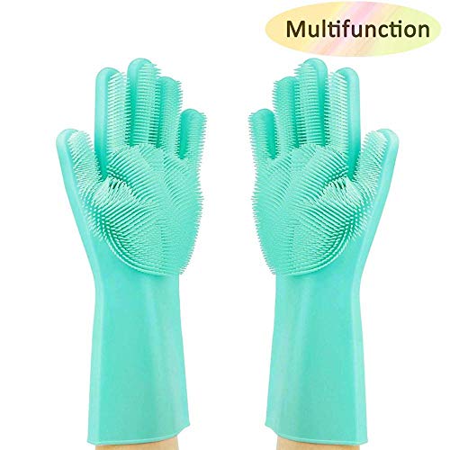 Preisvergleich Produktbild HeWan Handschuhe Reinigen-Wiederverwendbare Silikonhandschuhe Reinigungsbürste Geschirrspülschwammhandschuhe für Geschirr, Küche, Auto, Bad, Tischreinigung, Tierhaarpflege, grün