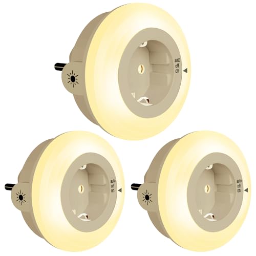 emotionlite Nachtlicht Steckdose mit Dämmerungssensor,LED Nachtlampe Kinder Schutzsteckdose mit Helligkeitssensor, Auto/OFF/ON mit Lichtsensor 3 Helligkeit Einstellbar, warmweiß 2700K (3 Stück)