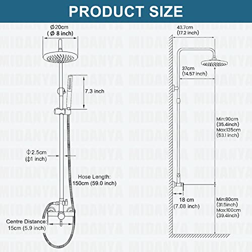 Midanya Matte Black Outdoor Shower Fixture Set Sus 304 Stainless Steel 8 Inch Rainfall Shower Head With 2 In 1 Cylinder Handheld Spray Wall Mount Adjustable Slide Bar One Handle Shower Faucet #TOP5