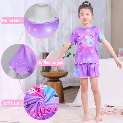 MHJY Girls Pajama Sets Ruffled Sleepwear Casual Short Sleeve Shirt and Shorts 2pcs Summer Pjs Set for Kids3