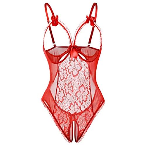 heekpek Lenceria Mujer Erotica Conjuntos de Lencería Mujer Encaje Atractivo Babydoll Ropa de Dormir Correa Cuello V Sin Espalda (Rojo, Medium)