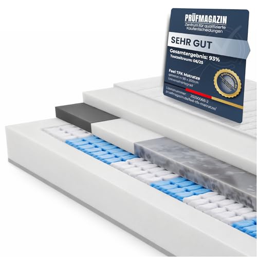 BeCo Feel Like Latex Taschenfederkernmatratze 90x200 cm mit 24 cm Höhe - 7-Zonen Matratze - PUR Like Latex Auflage - Like Latexmatratze mittelfest - Made in Germany