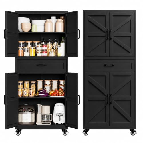 Image of Black Metal Kitchen Storage Pantry Cabinet Rolling Garage Storage Cabinet