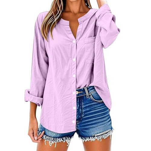 Womens 3/4 Sleeve Button Down Shirts Cotton Linen Roll Up 3/4 Sleeve Tops V Neck Casual Loose Fit Blouses
