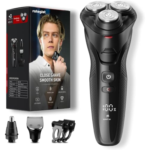rategist 3-in-1 rotary shaver in refined black — one body covering beard, nose hair and sideburns