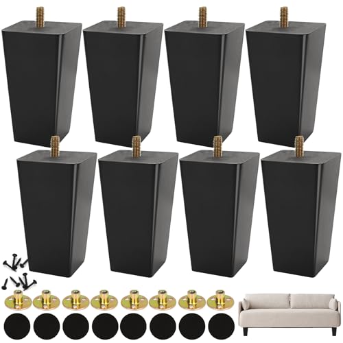 CYEER 8 Pcs Sofa Feet 10cm, Wooden Furniture Legs, Solid Rubber Wood Sofa Legs Furniture Replacement Feet with Mounting Plates Screws Non-Slip Mat for Chair Bed Couch Table TV Cabinet, Black