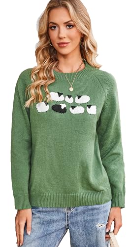 Sheep Sweater for Women Teenagers Green Crew Neck Knitted Vintage Pullover