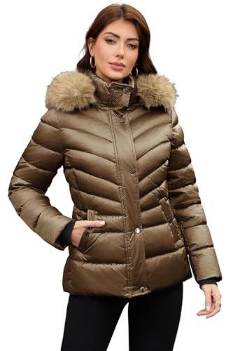 PAPILLON DOR Damen Glänzender Puffermantel mit abnehmbarem Kunstfellkragen & Kapuze - Regular Fit Winterjacke mit Knopftaschen & Rippbündchen (DE/NL/SE/PL Alpha L Regular Regular Kaffee)
