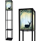 Silhouette of Deer in The Forest Stock Standing Lamp with Shelves Flaxen Fabric Shade Floor Lamp...
