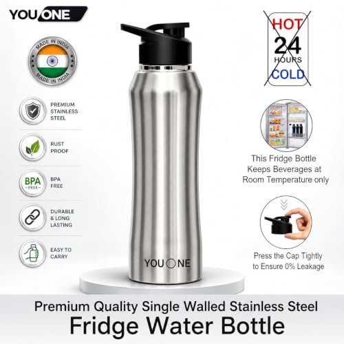 Image of YOUONE Stainless Steel 1000 ML Water Bottle /Thunder for fridge /School /Outdoor /Gym /Home /office /Boys /Girls /Kids, Leak Proof And BPA Free (Silver)