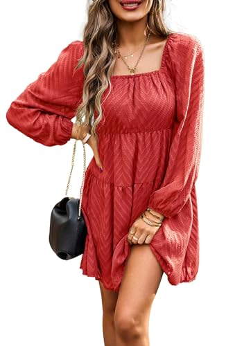 Langarm Kleid Damen Elegant Kurz Chiffonkleid A Linie Minikleider Party Cocktailkleid Square Neck Dress Rot S