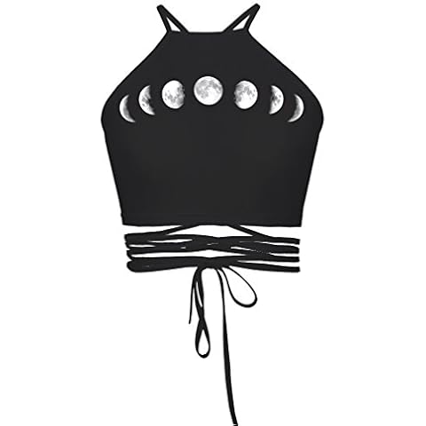 DPWELL Women Halter Cross Sleeveless Halterneck Tank Crop Tops Vest Hollow Boho Bandage Camis Top (Black Moon) Cover