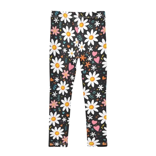 White Chrysanthemum Floral Love Heart Girls Leggings Ultra Soft Compression Yoga Gym Pants for Kids 4-10T2