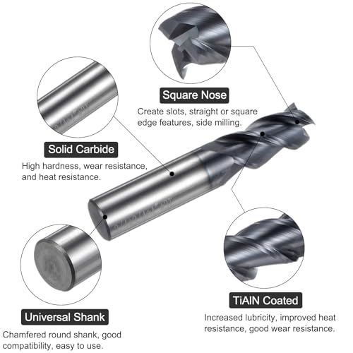 Image of uxcell Carbide Square End Mill, 3 /4 inch Diameter TiAlN Coated 3 Flutes Milling Bit Cutter, for Hardened Steel Stainless Steel Alloy Metal, 3 /4 inch Shank 1-15 /16 inch Cut Length 4 inch Long HRC55