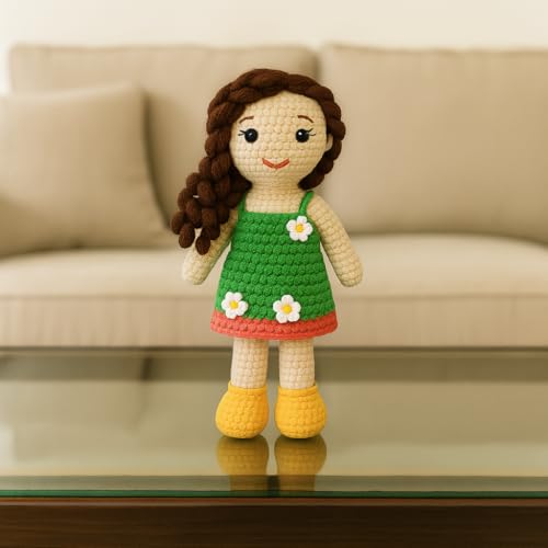 Image of Sutra Handmade Crochet Doll with Green Dress & Flowers | Amigurumi Wool Plush Toy | Soft Gift for Kids, Nursery & Home Decor