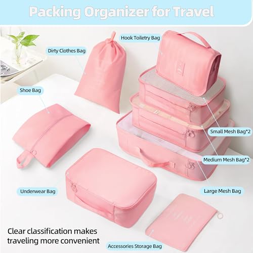 Image of Porslin 8-Set Packing Cubes for Travel Organiser Bags and Packing Bags for Travelling, Luggage Organiser Set with Mesh Travel Clothes Organizer Bag, Shoe Bag, Toiletry Pouch & Laundry Bag