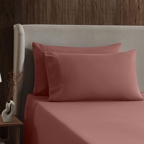 Image of Nestl Split King Bed Sheet Set - Pink Clay - 5-Piece Deep Pocket | Instantly Soft, Night-One Ready (No Wash Required). Fits 16-Inch Deep Pockets, 360-Degree Elastic Grip