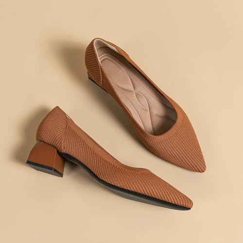 SWDZM Women's Closed Pointed Toe Low Chunky Heels Knit Slip On Block Heeled Pumps Breathable Dress Shoes3