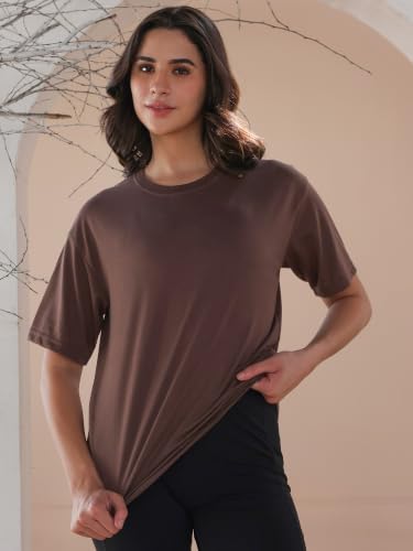 Image of CHKOKKO Oversized T-Shirt for Women Cotton Blend Soft Loose Fit Tshirt Top for Summer Half Sleeves Drop Shoulder Trendy Stylish Solid for Casual Streetwear, Outings or Travel