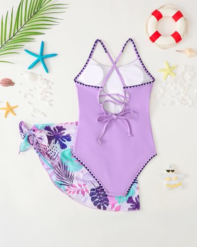 Image of Girls Swimsuit One-Piece Bathing Suit with Cover Up Skirt 7-16Y