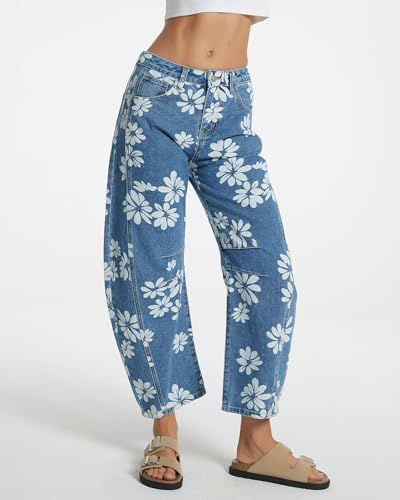 Kedera Women's Baggy Barrel Jeans Wide Leg Mid Rise Y2K Boyfriend Jeans Casual Floral Printed Ankle Denim Pants4