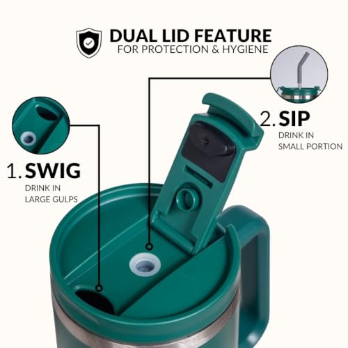 Image of Nestasia GripSip40 Tumbler with Straw & Side Handle 1.2L | Insulated Stainless Steel Sipper Water Bottle for Adults with Dual Flip Opening Sip-Swig Leakproof Lid for Office & Gym (Emerald Isle)
