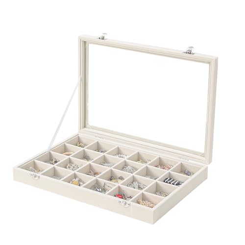 Coward Caja organizadora de joyas, terciopelo beige, 24 rejillas, anillos, aretes, bandeja de exhibición de joyas con tapa de vidrio transparente para cajón del hogar o venta de tienda