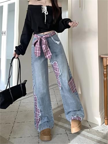 Women's Plaid Splicing Bow Patch Jeans High Waisted Vintage Casual Denim Pants3