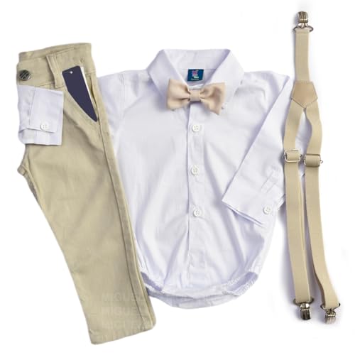 Conjunto Bege Roupa Social Infantil Menino Bebê Pajem Batizado Casamento (Bege, 8)