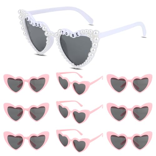 KEUKORZ Bride Heart-Shaped Sunglasses 10-Piece Set-Essential for Bachelorette Party with Pearl Decorated BRIDE TO BE Sunglasses + Bridesmaid Pink Set