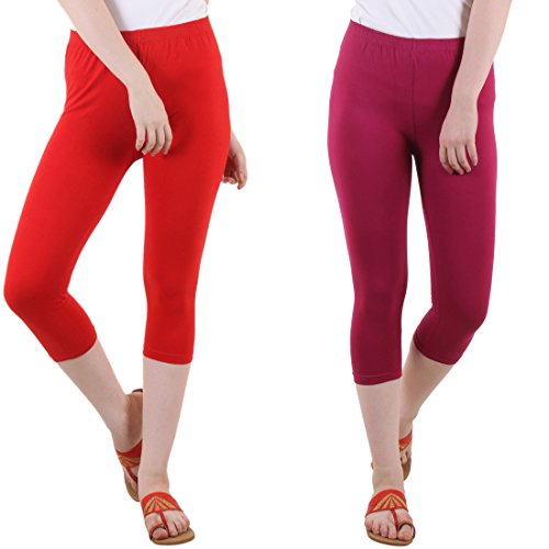 Image of DIAZ Women Cotton Stretchable Capri | Slim /Regular Fit | Breathable Yoga, Gym & Lounge Wear | High-Waist Stretchable 3 /4 Length Leggings with Wide Waistband - Pack of 2